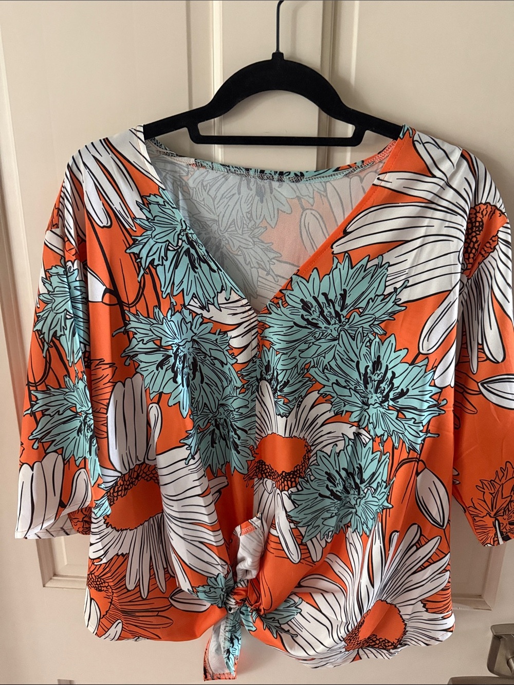 Women's Orange Floral V-Neck Tie-Front Top Batwing sleeve.